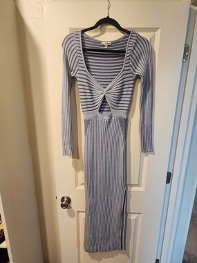 Light Blue Ribbed Knit Twist-Front Maxi Dress